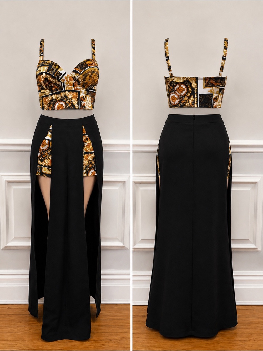 Black Maxi Skirt with Gold-Patterned Inset Panels and Matching Top